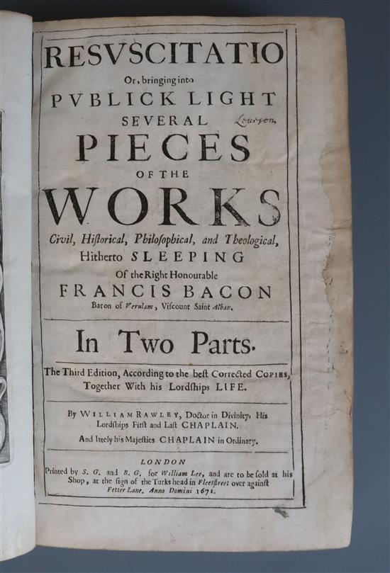 Bacon, Francis Sir - Resuscitatio, 3rd edition, 2 parts in 1, folio, contemporary calf rebacked, with engraved